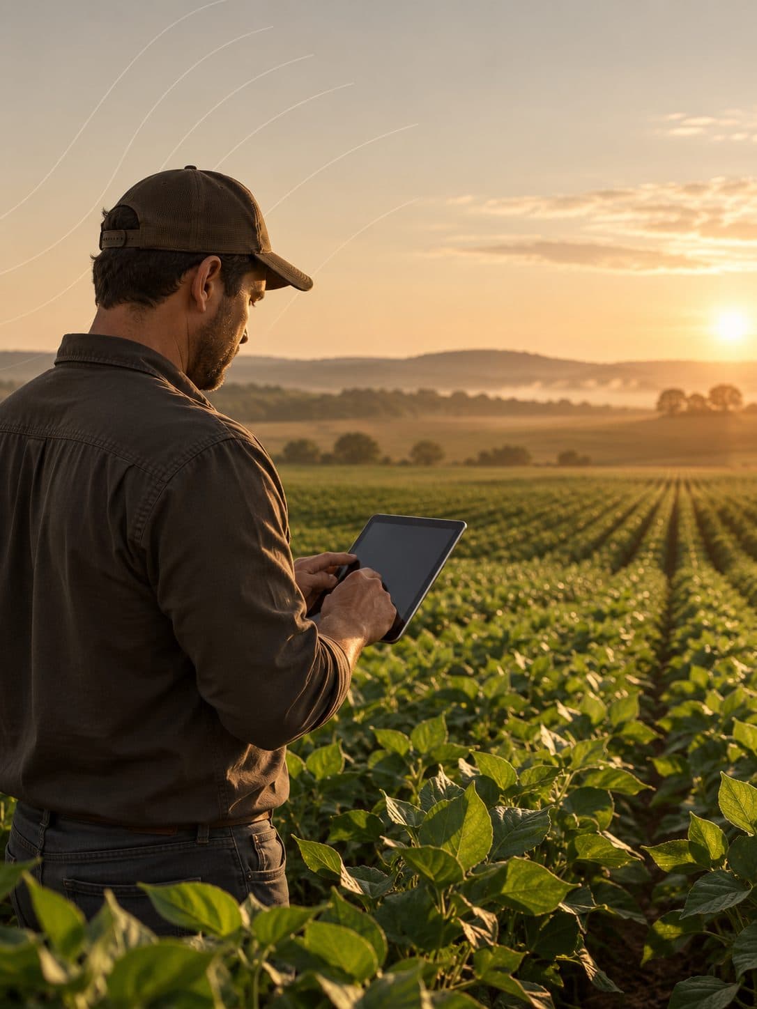 Especialista agrícola avalia a lavoura pelo tablet ao amanhecer