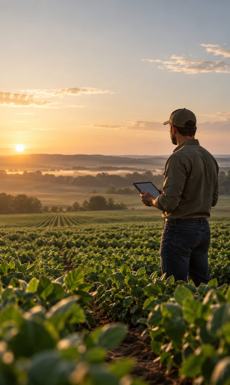 Especialista agrícola avalia a lavoura pelo tablet ao amanhecer, com o campo aberto à sua frente